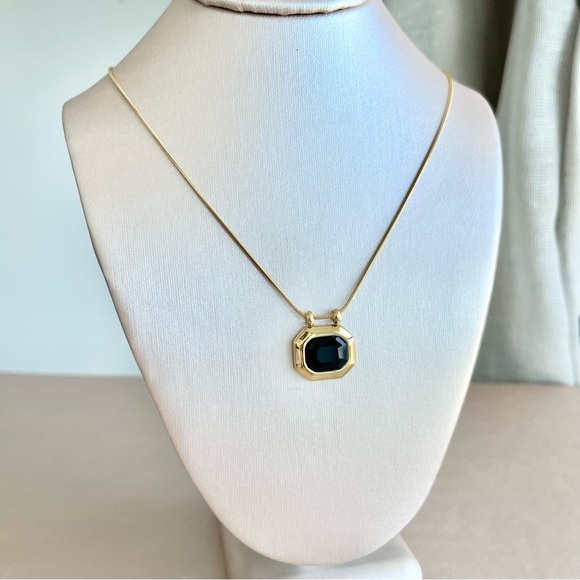 18K Gold Plated Stainless Steel Square Black Crystal Pendant Necklace - Picture 2 of 6